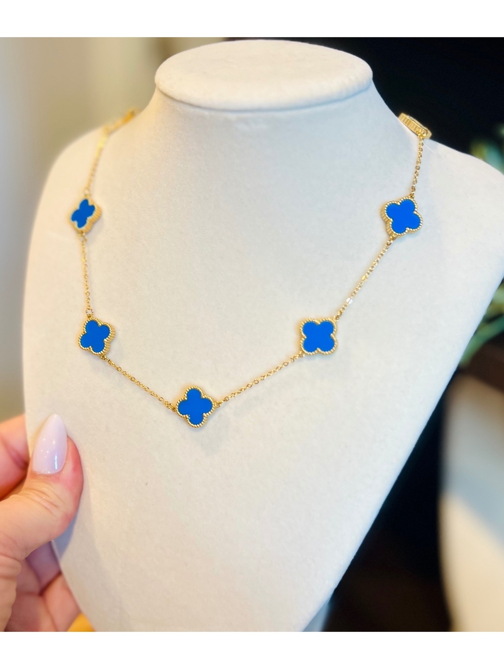 Blue and Gold Four Leaf Clover Necklace - Picture 3 of 3